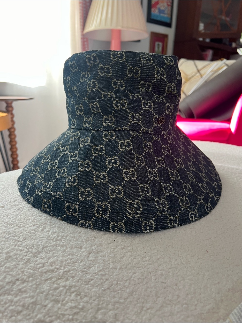 Gucci Navy Blue GG Denim Bucket Hat with Beige Monogram